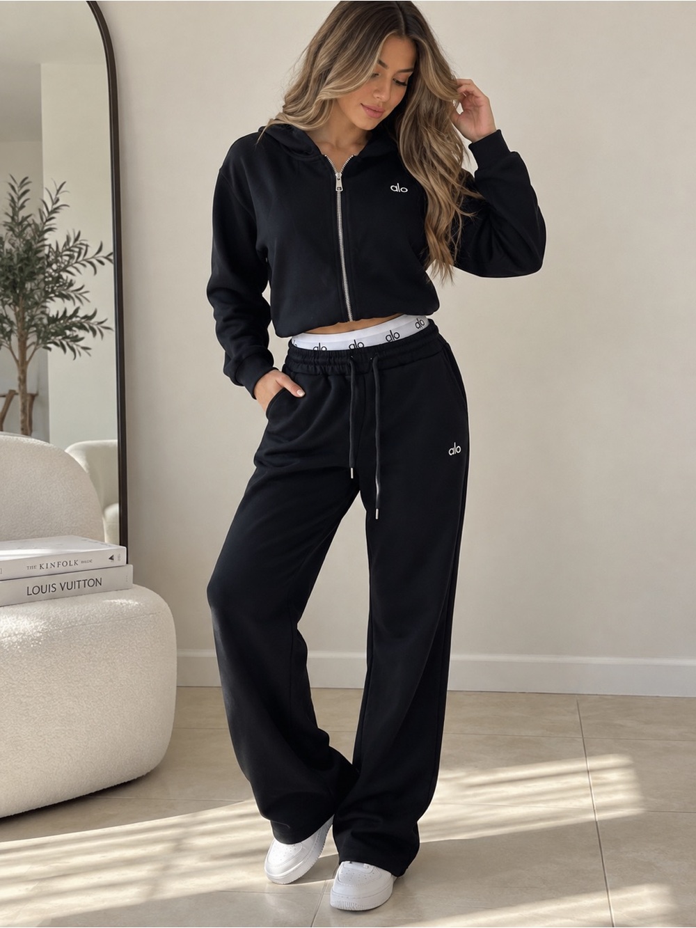 Black Cropped Zip Hoodie & Wide-Leg Sweatpants